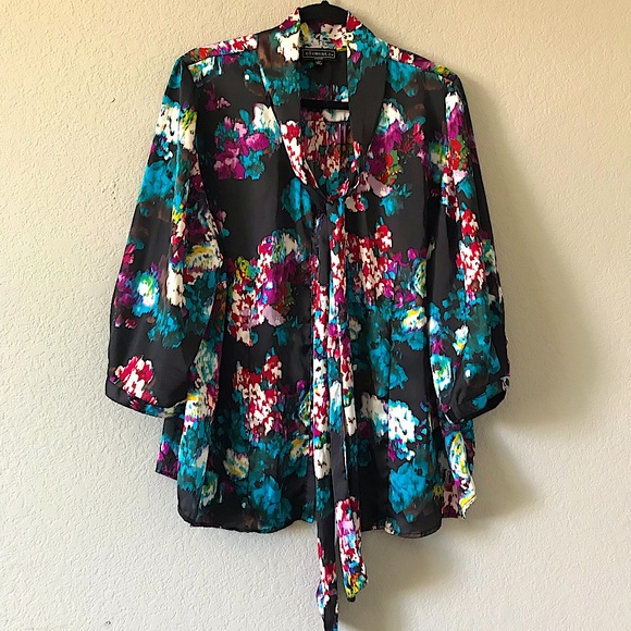Floral Satiny Blouse with Neck-Tie - Picture 6 of 6